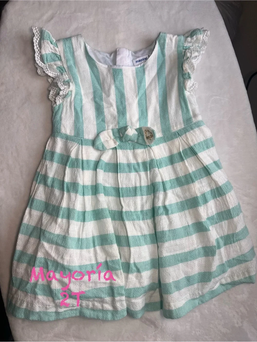 Mayoral Mint and White Striped Dress with Bow